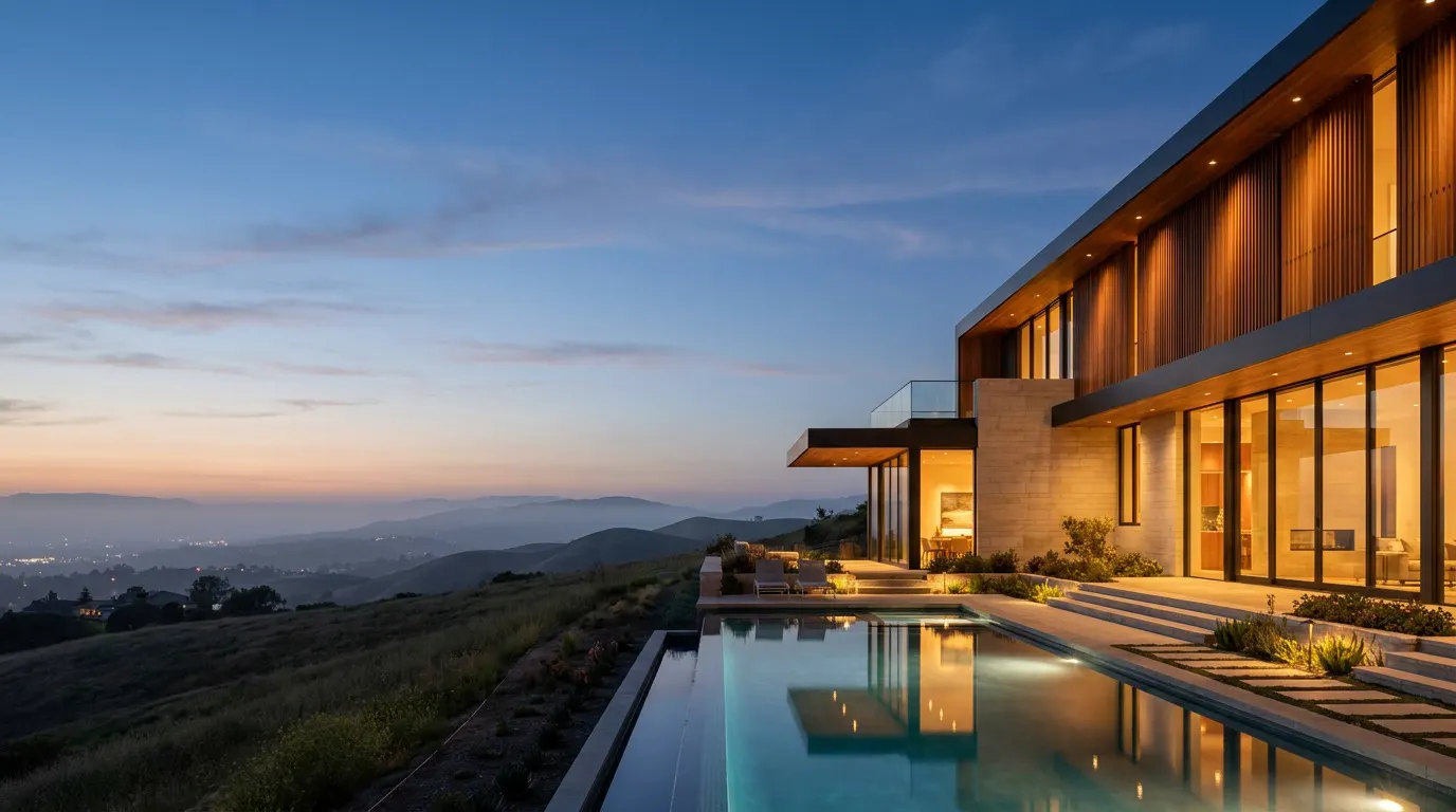 A hillside house at blue hour with the lights on